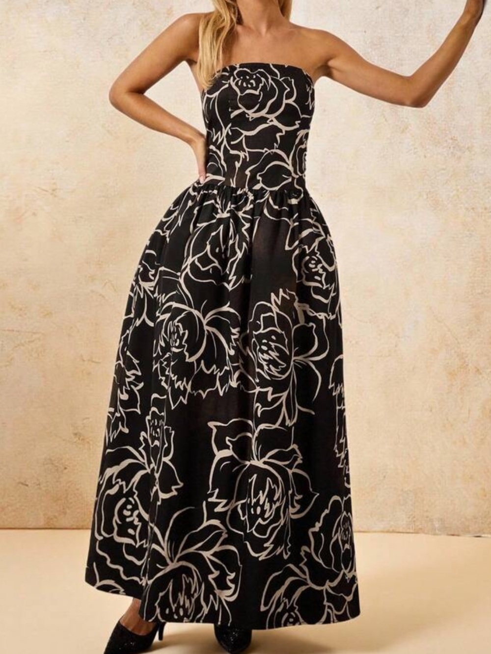 Black Strapless Floral Maxi Dress